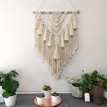 Woven Fiber Wall Art with Geometric Knotwork and Fringe for Living Room & Bedroom Decor