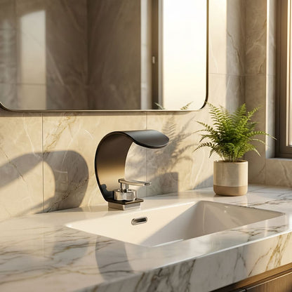 Curved Waterfall Bathroom Sink Faucet with Mirror Finish – Single Handle Hot & Cold Mixer Tap for Modern Vanity & Basin – Polished