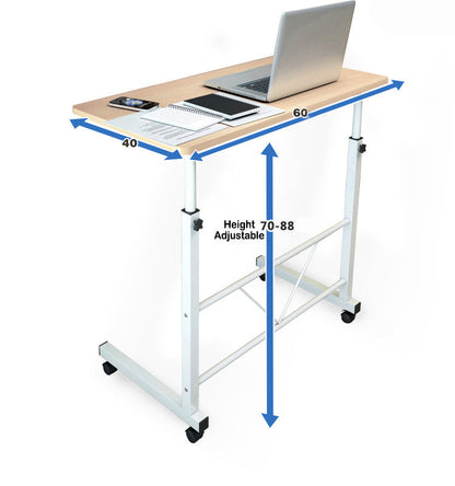 Rolling Laptop Desk with Adjustable Height 27.5-34.5 Inches Steel Frame Wood Top Mobile Workstation for Bedroom Sofa Home Office Compact Com