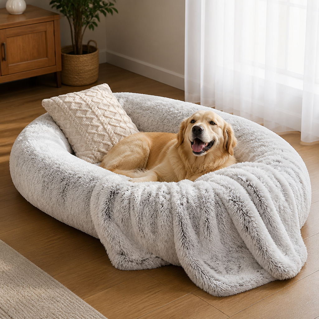 Lit pour humain façon canapé pour chien Ortekor, orthopédique et en fausse fourrure lavable (housse amovible)