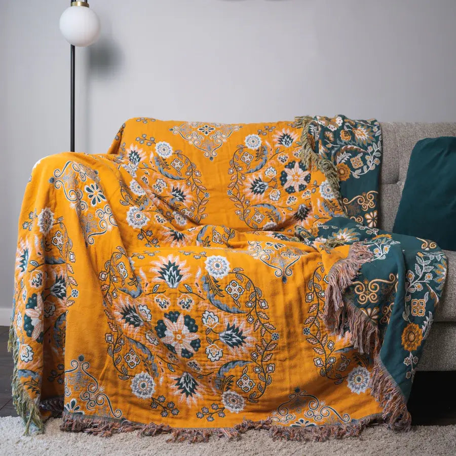 Reversible Cotton Throw Blanket with Tassels – Bohemian Floral Design for Couch, Sofa, or Bed – Warm & Decorative Home Accent