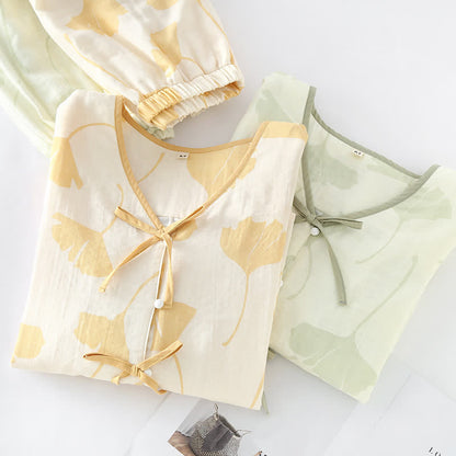Women's Cotton Pajama Set with Ginkgo Leaf Print and Bow Tie Detail for Lounging at Home