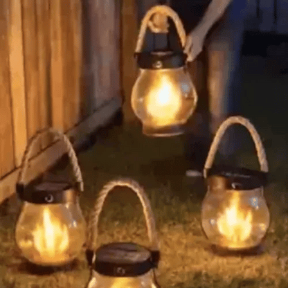 Flickering Flame Outdoor Lantern with Solar Panel 10 in Tall Glass LED Garden Light Waterproof Hanging Patio Decoration Dusk Sensor USB Back