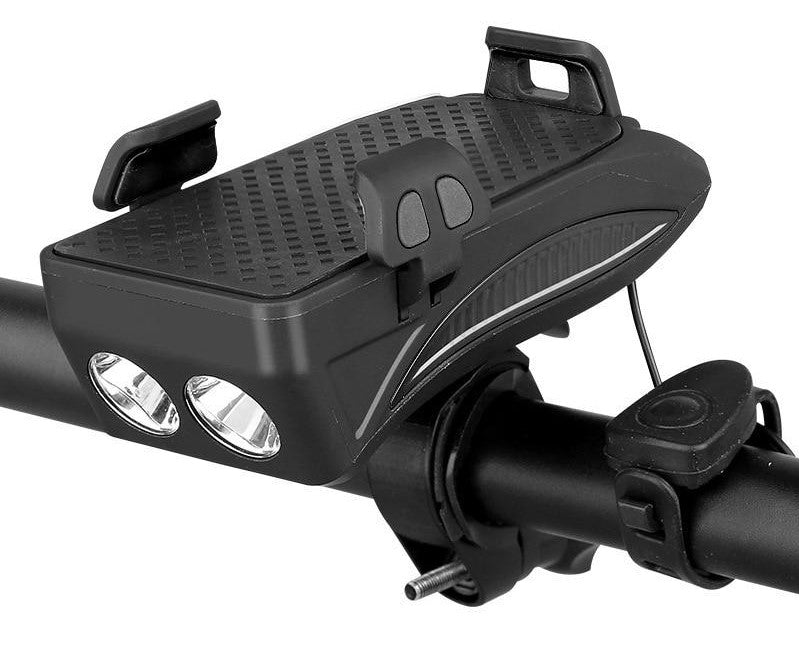 Bicycle Smartphone Mount with 4000mAh Charger LED Headlight Horn Combo for Handlebars | Multi-Function Cycling Accessory for Commuters Road