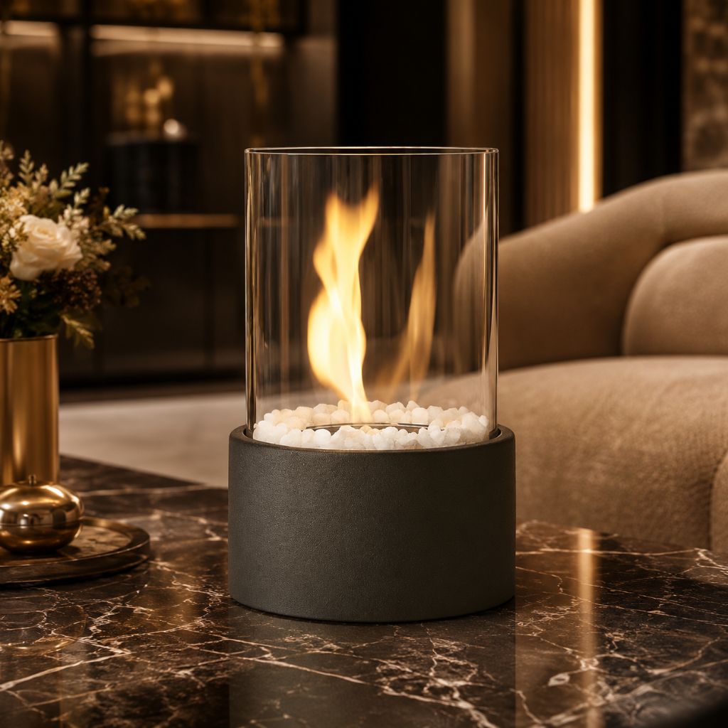 Tabletop Ethanol Burner with Glass Cylinder & Marble Base for Indoor Outdoor Patio Dining Living Room Portable Flame Centerpiece Decor
