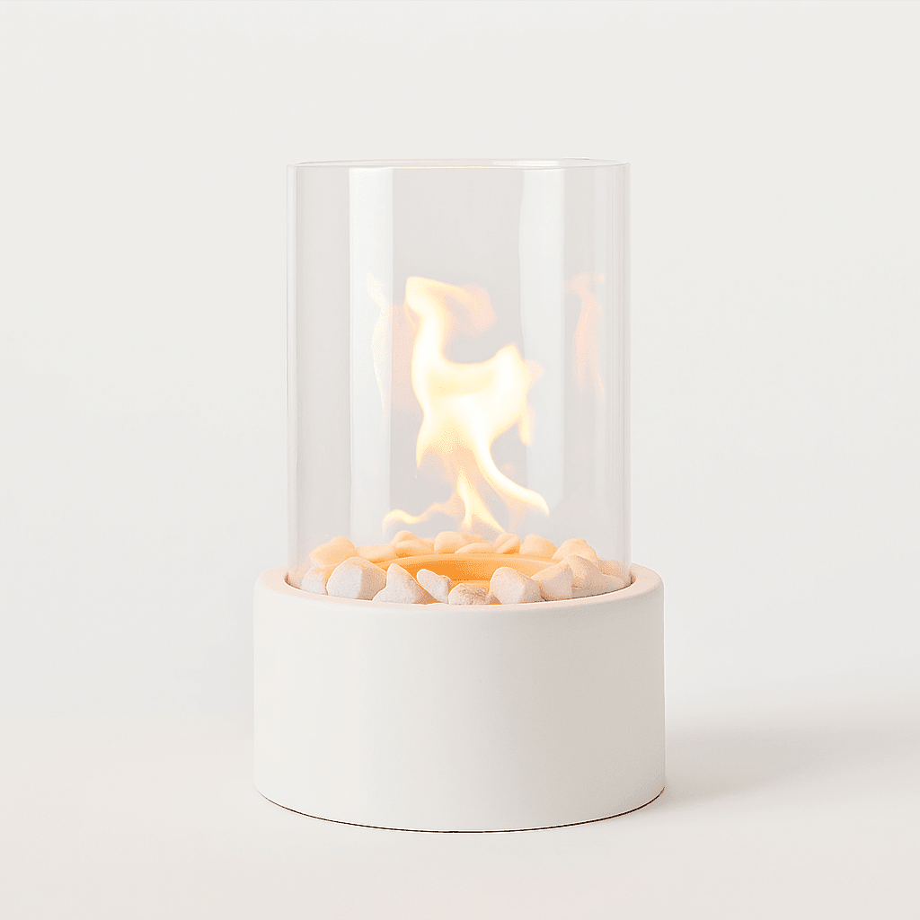 Tabletop Ethanol Burner with Glass Cylinder & Marble Base for Indoor Outdoor Patio Dining Living Room Portable Flame Centerpiece Decor