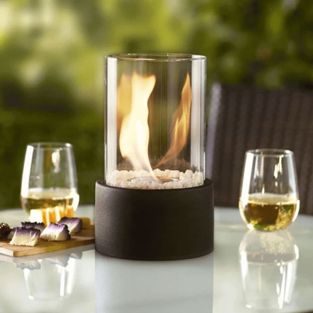 Tabletop Ethanol Burner with Glass Cylinder & Marble Base for Indoor Outdoor Patio Dining Living Room Portable Flame Centerpiece Decor