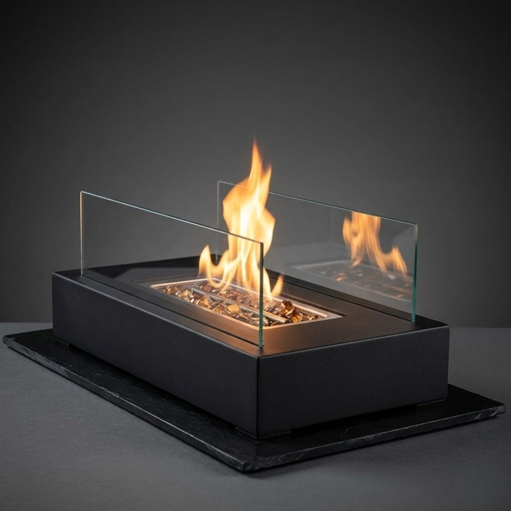 Portable Tabletop Fireplace Real Flame Bio Ethanol Burner for Indoor Outdoor Patio Living Room Rectangle Glass Steel Fire Pit Centerpiece
