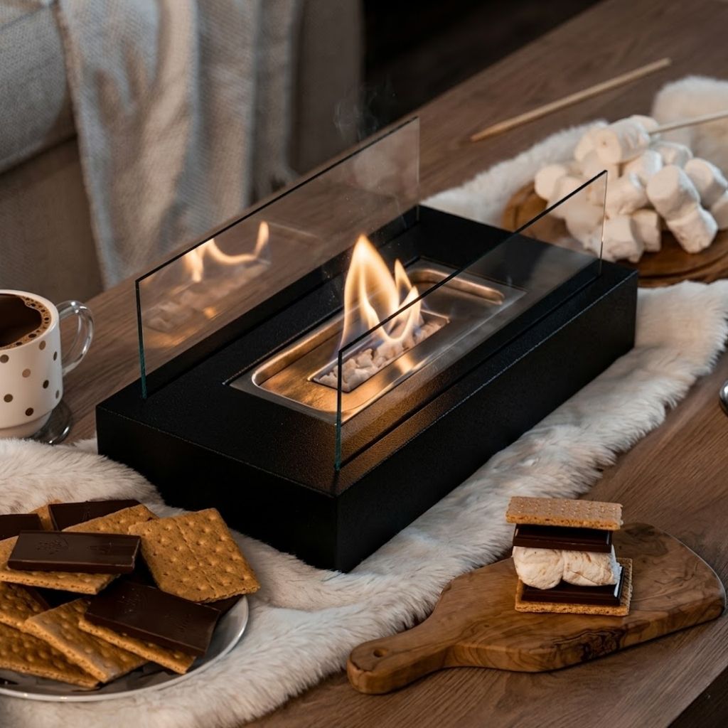 Portable Tabletop Fireplace Real Flame Bio Ethanol Burner for Indoor Outdoor Patio Living Room Rectangle Glass Steel Fire Pit Centerpiece