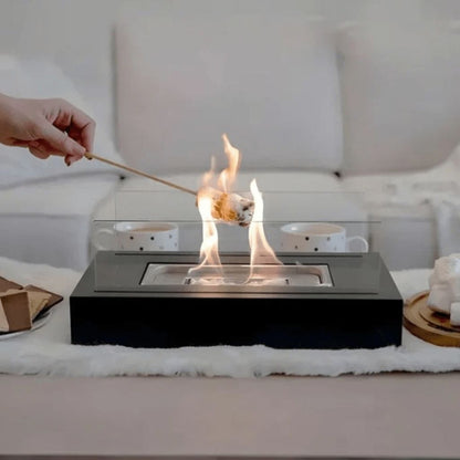 Portable Tabletop Fireplace Real Flame Bio Ethanol Burner for Indoor Outdoor Patio Living Room Rectangle Glass Steel Fire Pit Centerpiece
