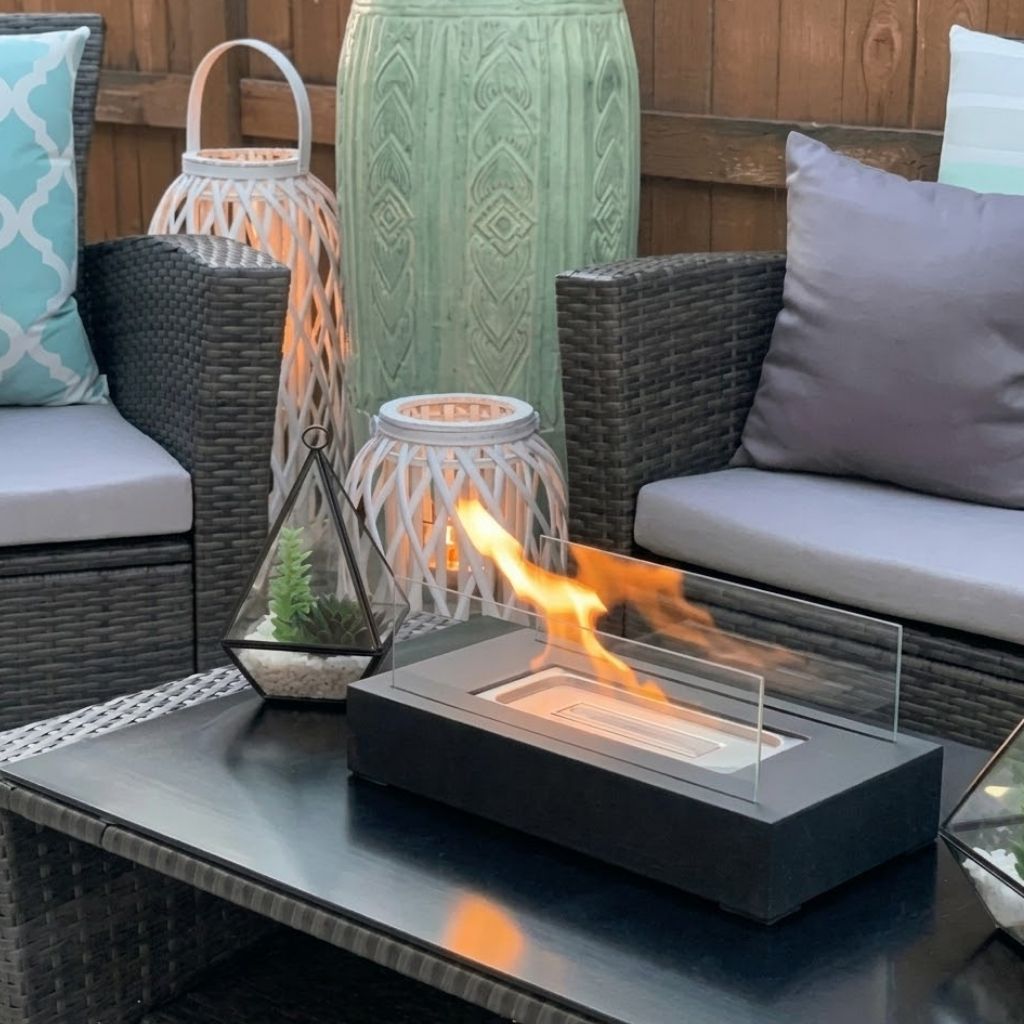Portable Tabletop Fireplace Real Flame Bio Ethanol Burner for Indoor Outdoor Patio Living Room Rectangle Glass Steel Fire Pit Centerpiece