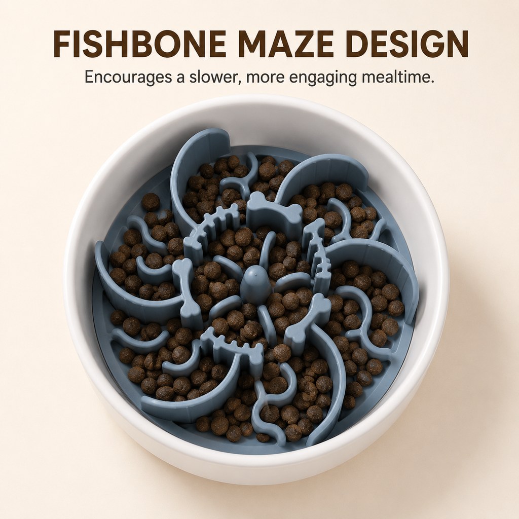 Ortekor Fishbone Slow Feeder Bowl Insert for Fast-Eating Dogs - Trim-to-Fit Suction Insert or Stainless Steel Bowl Set
