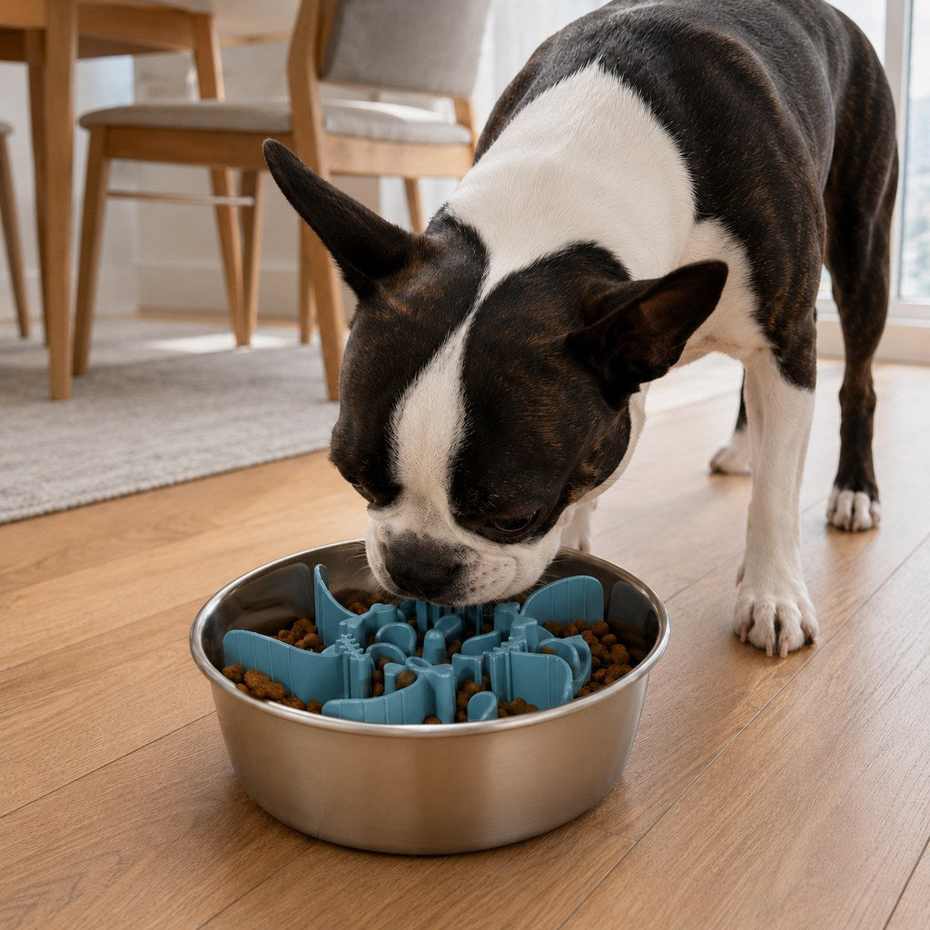 Ortekor Fishbone Slow Feeder Bowl Insert for Fast-Eating Dogs - Trim-to-Fit Suction Insert or Stainless Steel Bowl Set