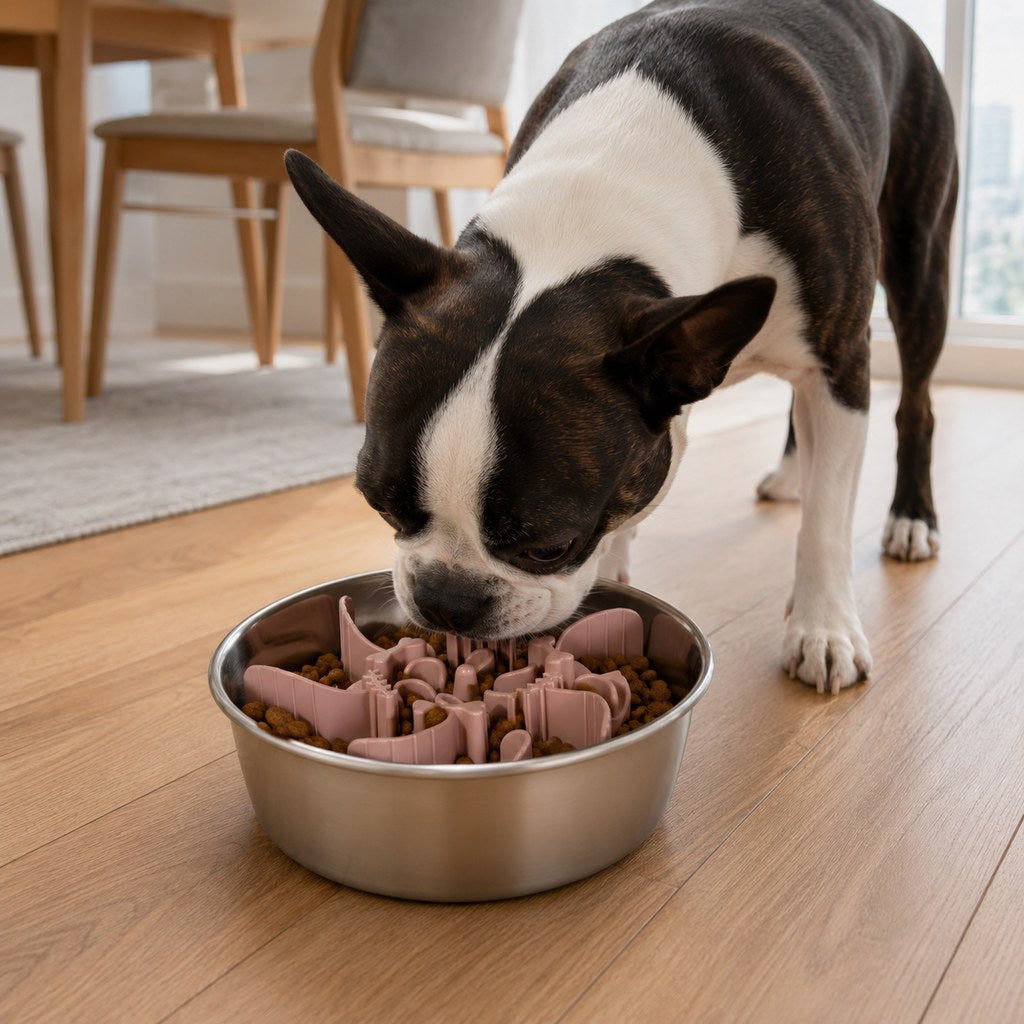 Ortekor Fishbone Slow Feeder Bowl Insert for Fast-Eating Dogs - Trim-to-Fit Suction Insert or Stainless Steel Bowl Set