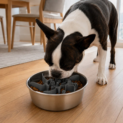 Ortekor Fishbone Slow Feeder Bowl Insert for Fast-Eating Dogs - Trim-to-Fit Suction Insert or Stainless Steel Bowl Set