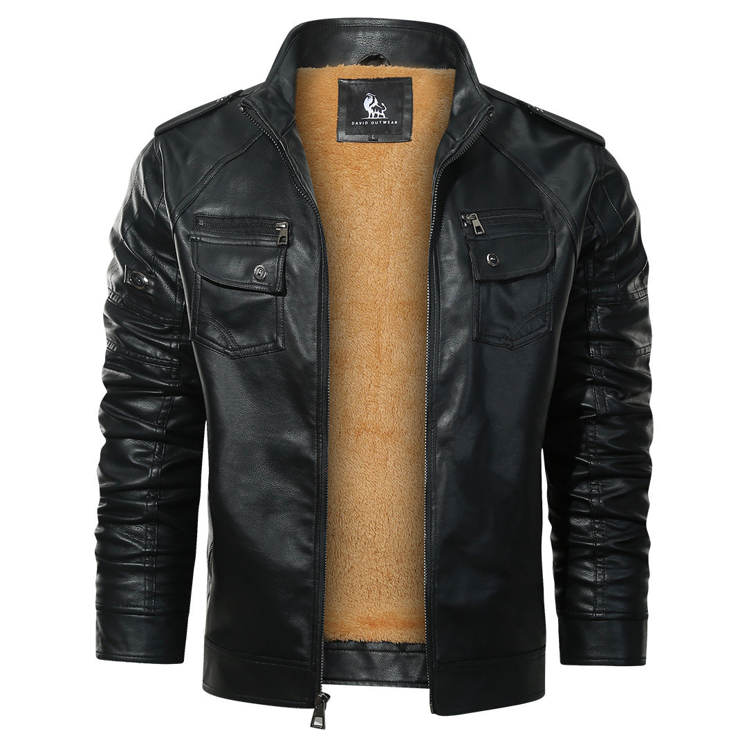 Faux Leather Moto Jacket for Men – Black Fleece-Lined Biker Coat with Water-Resistant Finish