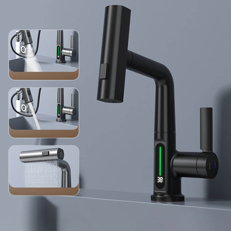 Kitchen Sink Faucet with Pull-Down Sprayer & LED Temperature Display – 360° Swivel, 5 Spray Settings, Brushed Nickel Finish for Modern Homes
