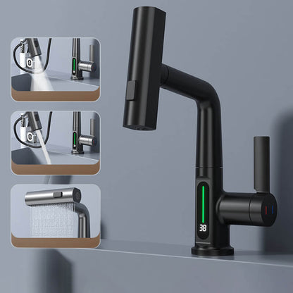Kitchen Sink Faucet with Pull-Down Sprayer & LED Temperature Display – 360° Swivel, 5 Spray Settings, Brushed Nickel Finish for Modern Homes
