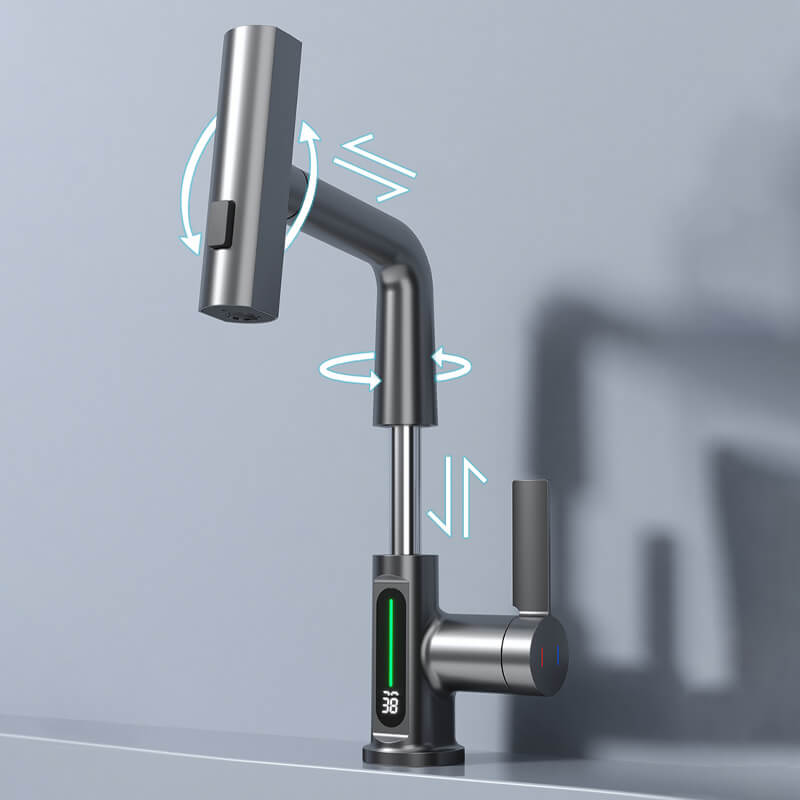 Kitchen Sink Faucet with Pull-Down Sprayer & LED Temperature Display – 360° Swivel, 5 Spray Settings, Brushed Nickel Finish for Modern Homes