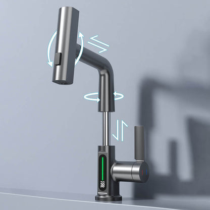 Kitchen Sink Faucet with Pull-Down Sprayer & LED Temperature Display – 360° Swivel, 5 Spray Settings, Brushed Nickel Finish for Modern Homes