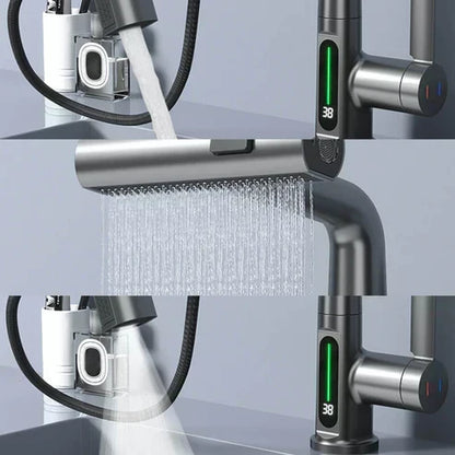 Kitchen Sink Faucet with Pull-Down Sprayer & LED Temperature Display – 360° Swivel, 5 Spray Settings, Brushed Nickel Finish for Modern Homes