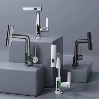 Kitchen Sink Faucet with Pull-Down Sprayer & LED Temperature Display – 360° Swivel, 5 Spray Settings, Brushed Nickel Finish for Modern Homes