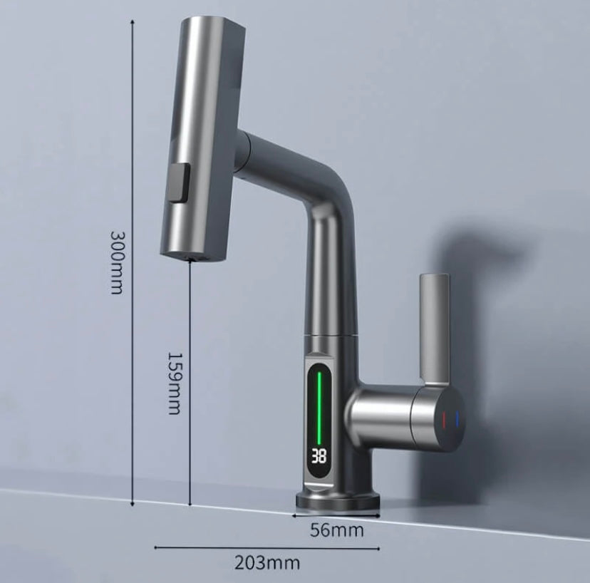 Kitchen Sink Faucet with Pull-Down Sprayer & LED Temperature Display – 360° Swivel, 5 Spray Settings, Brushed Nickel Finish for Modern Homes