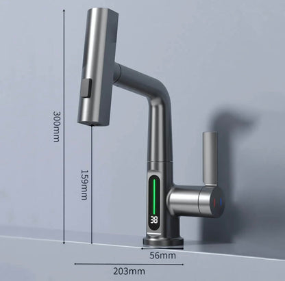 Kitchen Sink Faucet with Pull-Down Sprayer & LED Temperature Display – 360° Swivel, 5 Spray Settings, Brushed Nickel Finish for Modern Homes