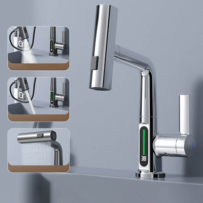 Kitchen Sink Faucet with Pull-Down Sprayer & LED Temperature Display – 360° Swivel, 5 Spray Settings, Brushed Nickel Finish for Modern Homes