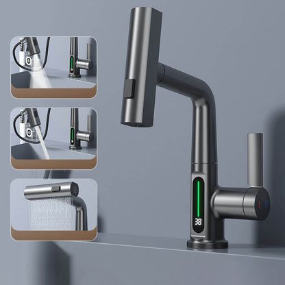 Kitchen Sink Faucet with Pull-Down Sprayer & LED Temperature Display – 360° Swivel, 5 Spray Settings, Brushed Nickel Finish for Modern Homes