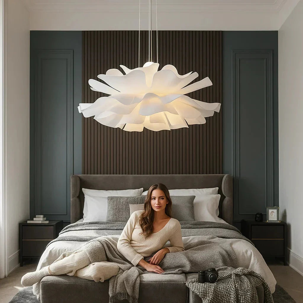 Oversized White Floral Chandelier 31 in Diameter LED-Ready Acrylic Petal Fixture for Dining Room Bedroom Statement Lighting Contemporary Ove