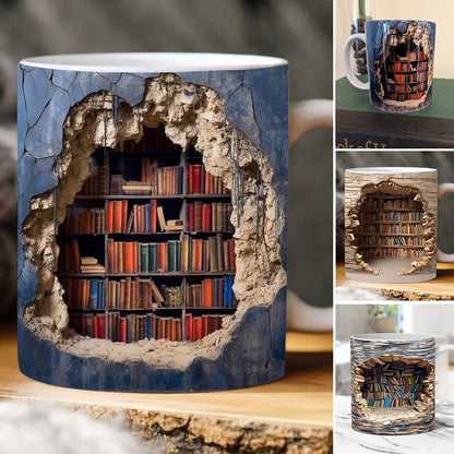 Ceramic Mug with 3D Bookshelf Wrap Design for Coffee Tea Hot Drinks Book Lovers Library Kitchen Microwave Dishwasher Safe Literary Gift