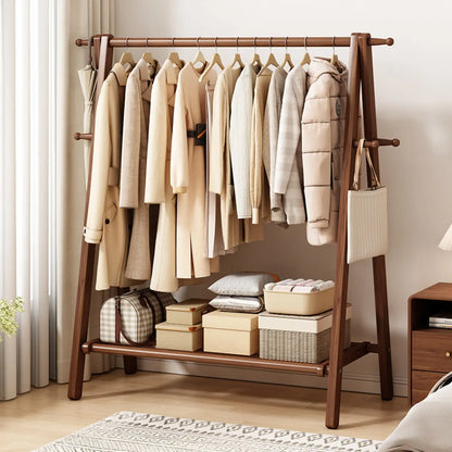 Freestanding Wood Garment Rack 59 in Tall with Hooks & Shelf for Entryway Clothes Hanging Storage Collapsible A-Frame Stand