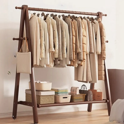 Freestanding Wood Garment Rack 59 in Tall with Hooks & Shelf for Entryway Clothes Hanging Storage Collapsible A-Frame Stand