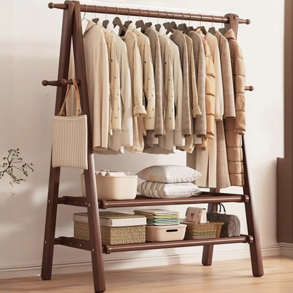 Freestanding Wood Garment Rack 59 in Tall with Hooks & Shelf for Entryway Clothes Hanging Storage Collapsible A-Frame Stand