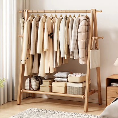 Freestanding Wood Garment Rack 59 in Tall with Hooks & Shelf for Entryway Clothes Hanging Storage Collapsible A-Frame Stand