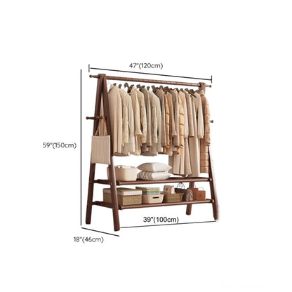 Freestanding Wood Garment Rack 59 in Tall with Hooks & Shelf for Entryway Clothes Hanging Storage Collapsible A-Frame Stand