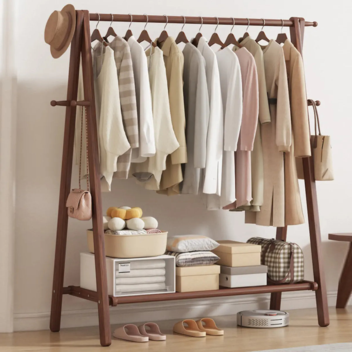 Freestanding Wood Garment Rack 59 in Tall with Hooks & Shelf for Entryway Clothes Hanging Storage Collapsible A-Frame Stand