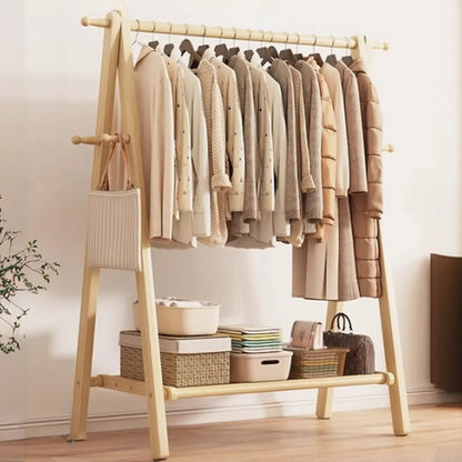 Freestanding Wood Garment Rack 59 in Tall with Hooks & Shelf for Entryway Clothes Hanging Storage Collapsible A-Frame Stand