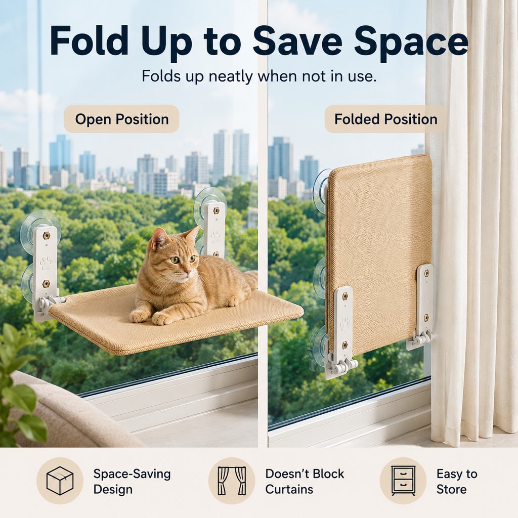 Ortekor Foldable Cat Window Hammock for Apartments - No-Drill Suction Perch for Sunny Naps Without Taking Up Floor Space