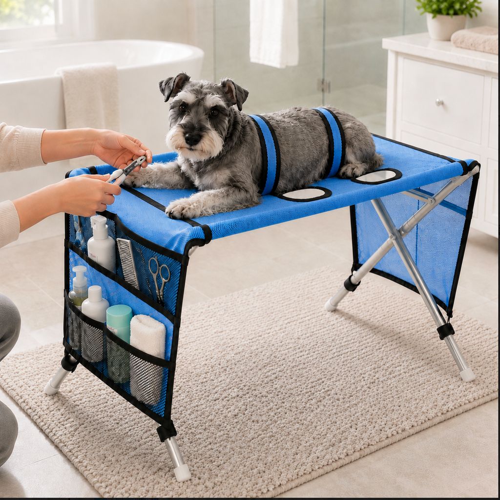 Ortekor Foldable Pet Grooming Table with 4 Leg Openings - Steadier At-Home Bathing & Nail Trimming for Cats & Small Dogs