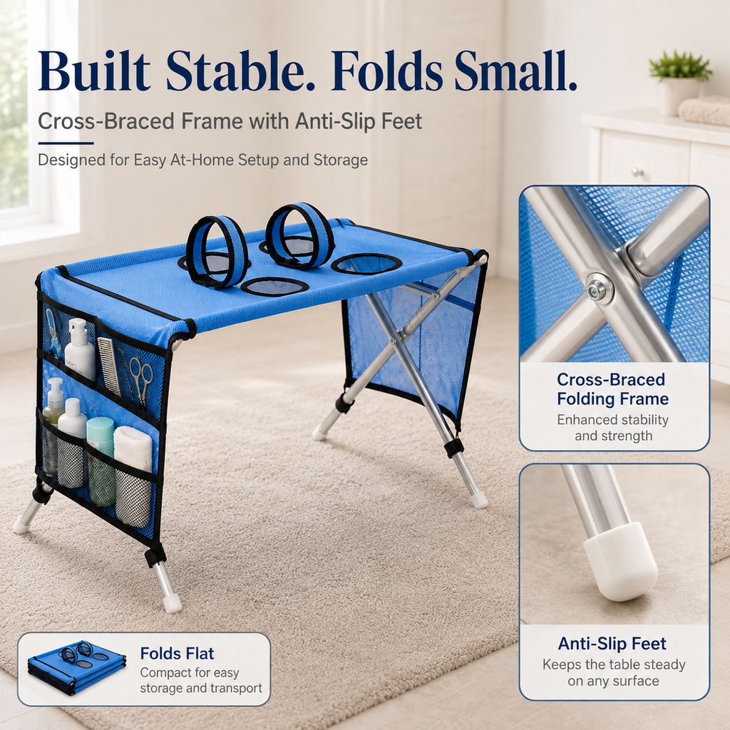Ortekor Foldable Pet Grooming Table with 4 Leg Openings - Steadier At-Home Bathing & Nail Trimming for Cats & Small Dogs