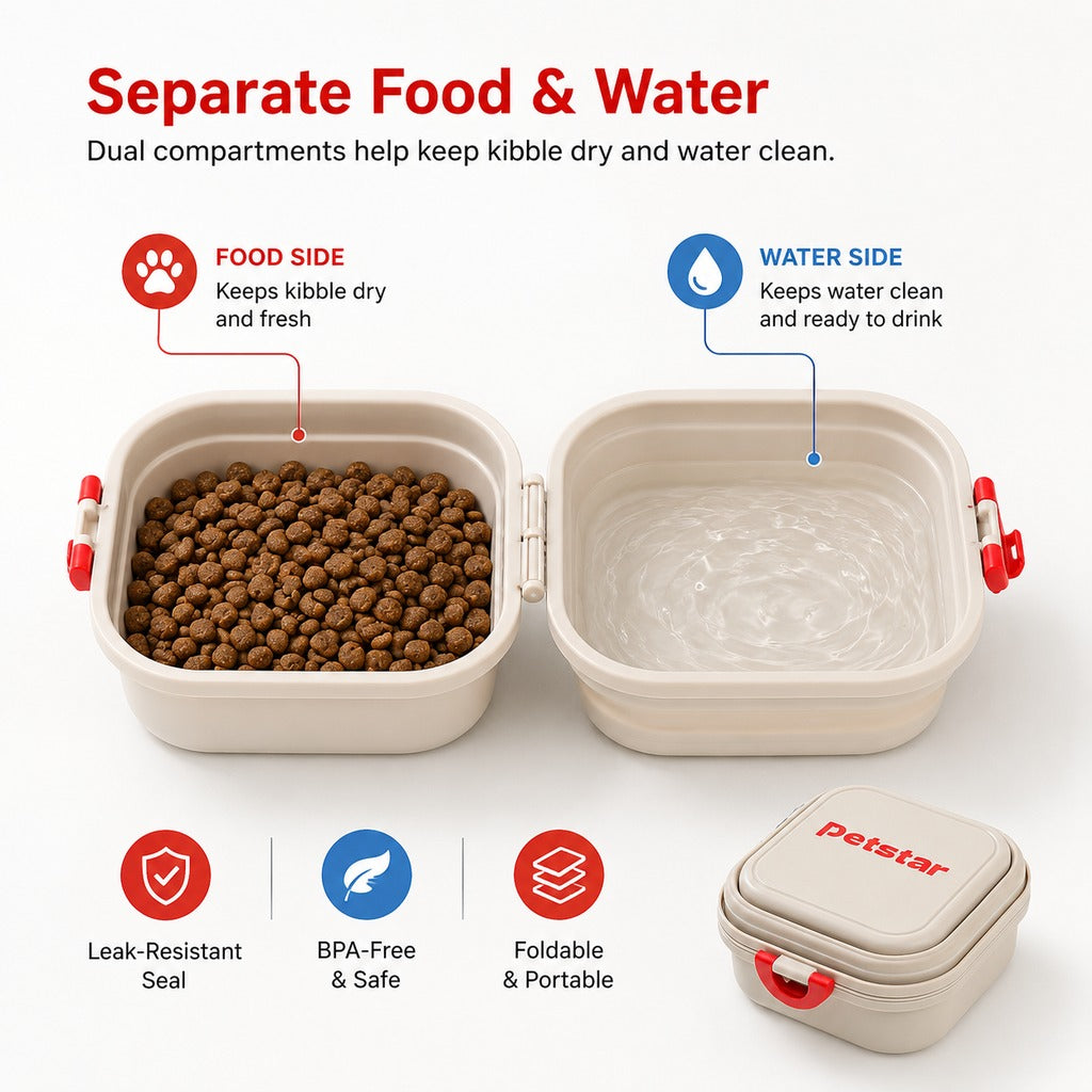 Ortekor Portable 2-in-1 Folding Pet Bowl for Walks & Travel - Keeps Food and Water Separate