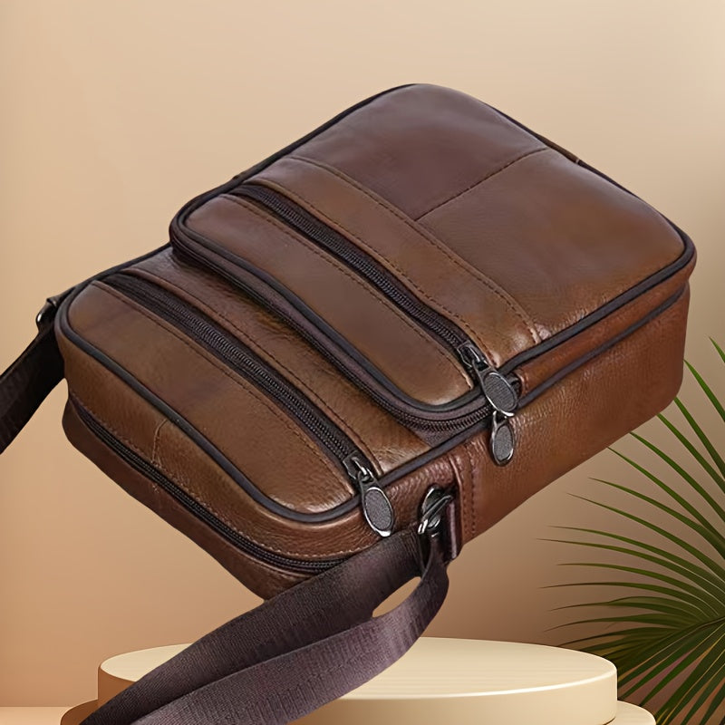 Men's Genuine Leather Crossbody Messenger Bag with Adjustable Strap - Full Grain Cowhide Shoulder Bag for Work Travel Daily Use
