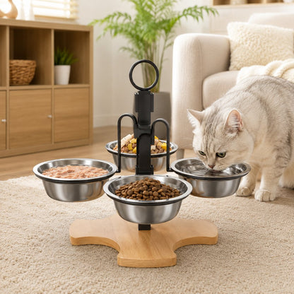 Ortekor 4-Bowl Elevated Pet Feeding Station for Cats & Small Dogs – 3-Level Bowl Positions, Removable Stainless Steel Bowls & Wooden Base for Cleaner, Organized Mealtimes