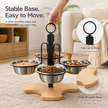 Ortekor 4-Bowl Elevated Pet Feeding Station for Cats & Small Dogs – 3-Level Bowl Positions, Removable Stainless Steel Bowls & Wooden Base for Cleaner, Organized Mealtimes