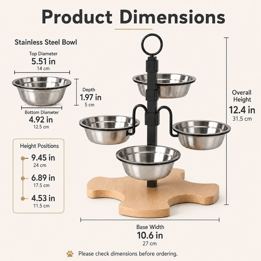 Ortekor 4-Bowl Elevated Pet Feeding Station for Cats & Small Dogs – 3-Level Bowl Positions, Removable Stainless Steel Bowls & Wooden Base for Cleaner, Organized Mealtimes