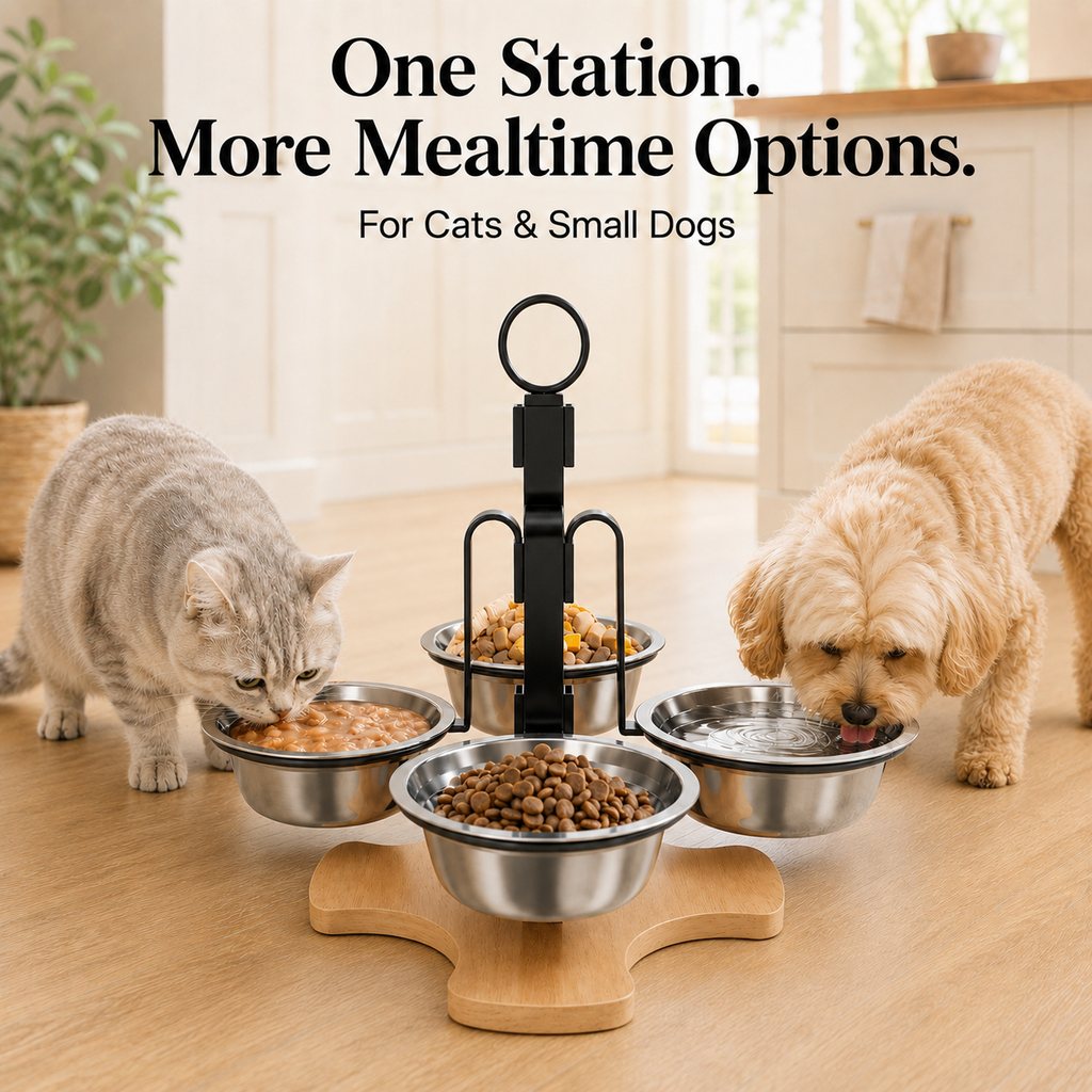 Ortekor 4-Bowl Elevated Pet Feeding Station for Cats & Small Dogs – 3-Level Bowl Positions, Removable Stainless Steel Bowls & Wooden Base for Cleaner, Organized Mealtimes