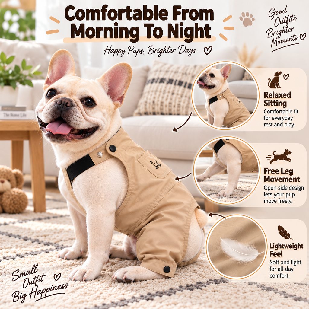 Ortekor French Bulldog Overalls Jumpsuit with Adjustable Straps – Comfortable Everyday Dog Outfit for Walks, Travel & Outdoor Adventures