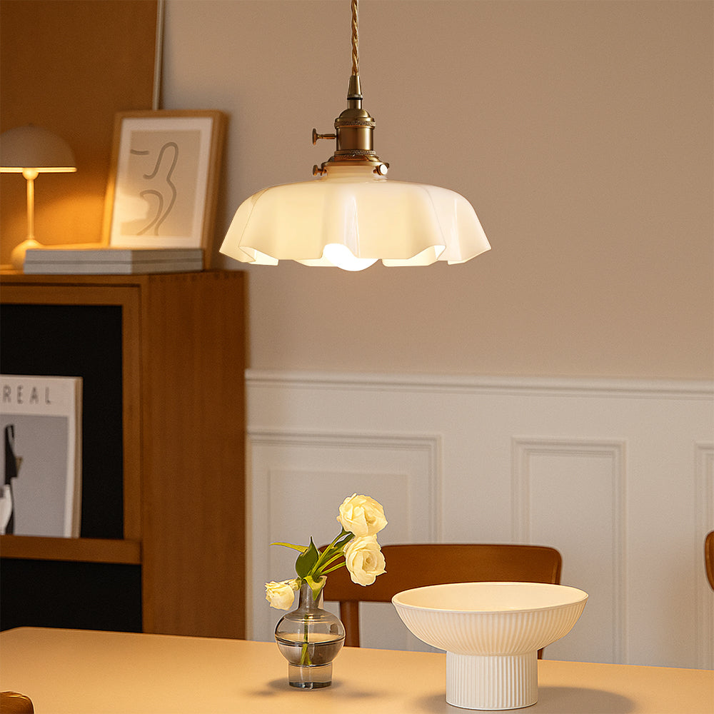 French-Inspired Glass Pendant Light with Adjustable Height for Dining Room & Bar – Brass & Glass Fixture with E26 Socket – 10 in Diameter